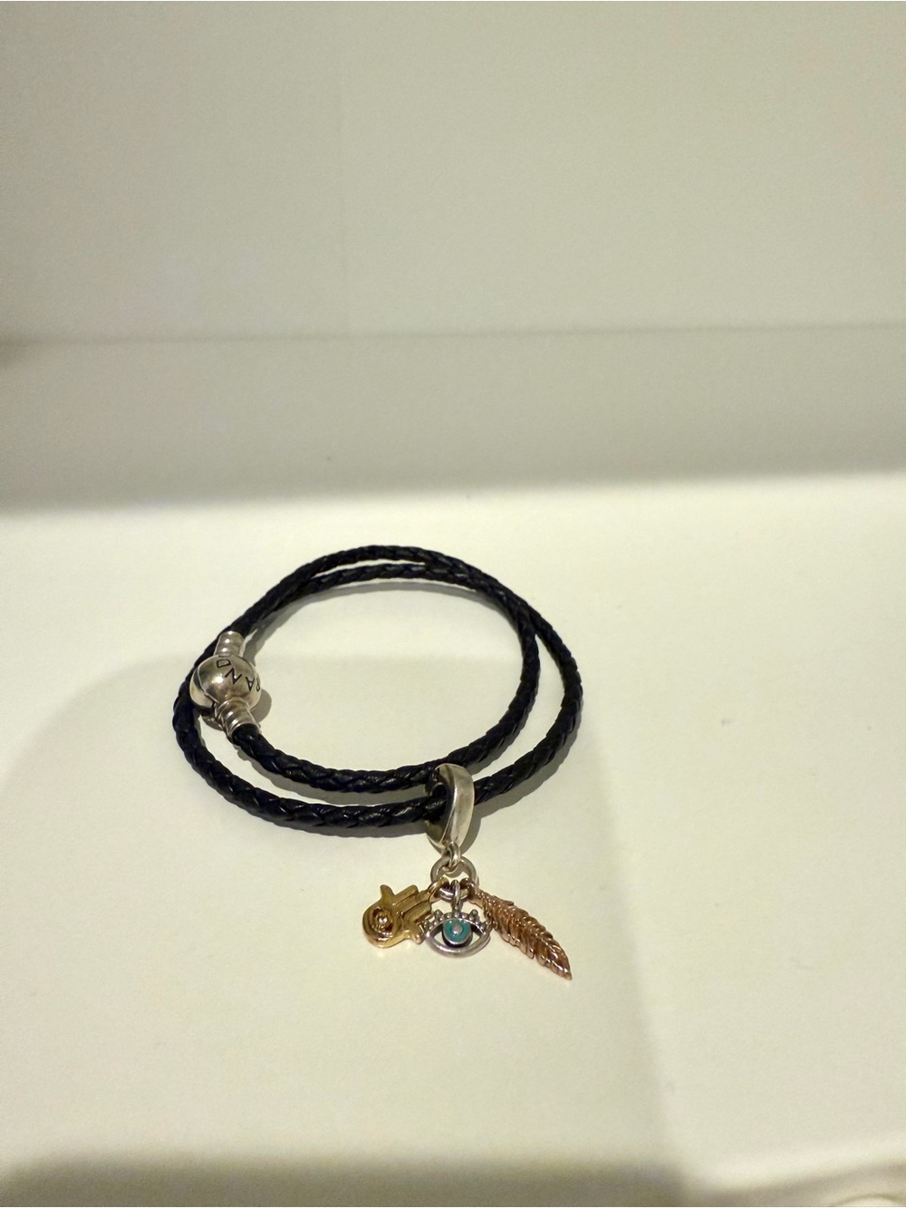 Pandora Black Leather Wrap Bracelet with Gold Charms
